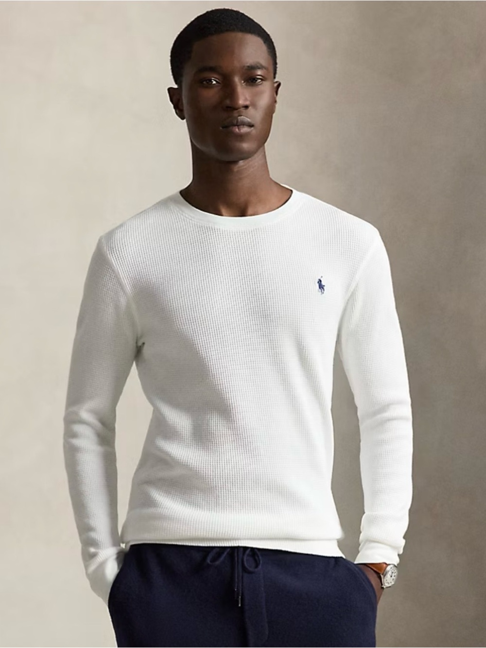 Polo Ralph Lauren Waffle Knit Cotton Crewneck Long Sleeve Shirt White Size M